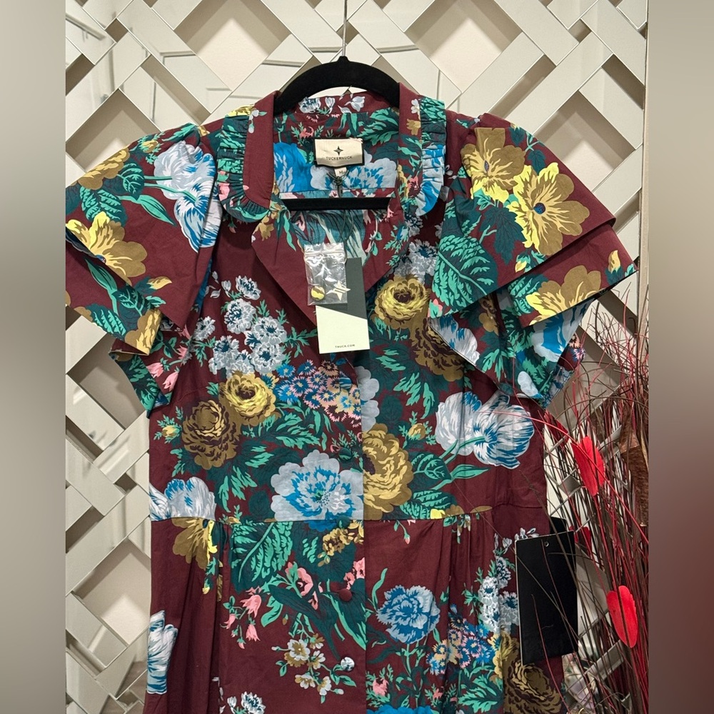 NWT Tuckernuck Alice Midi Dress M Merlot Oxblood Verdant Floral Print Cotton - Picture 5 of 7